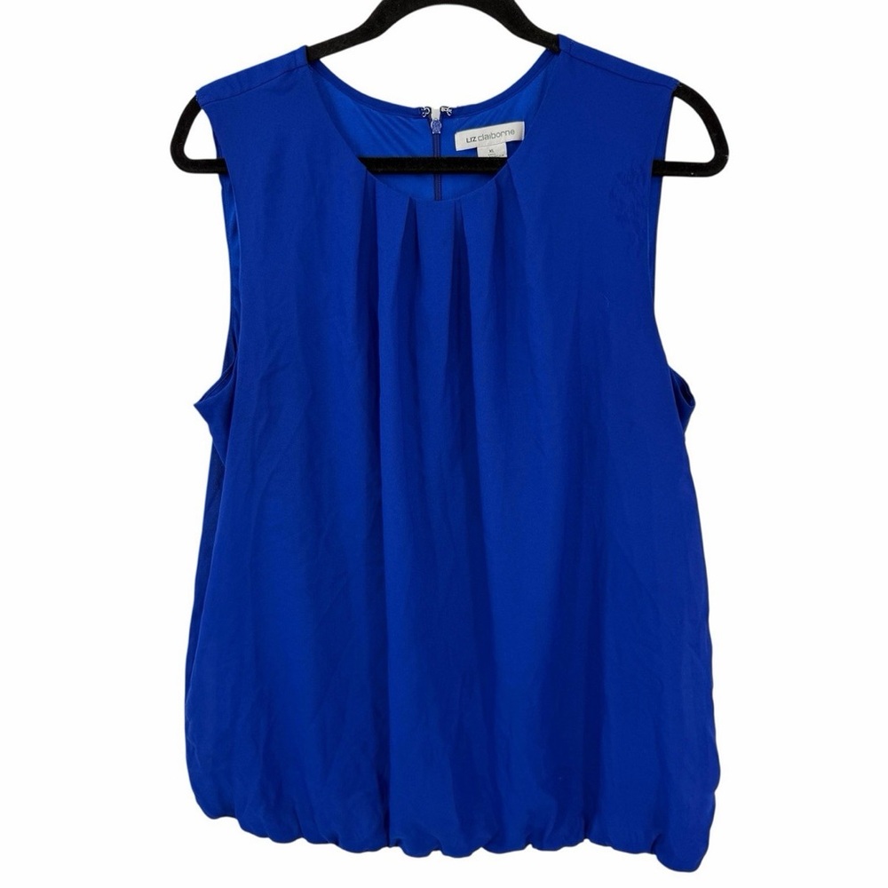 Liz Claiborne XL Beautiful Blue Blouse sleeveless top Pleated scalloped Hem